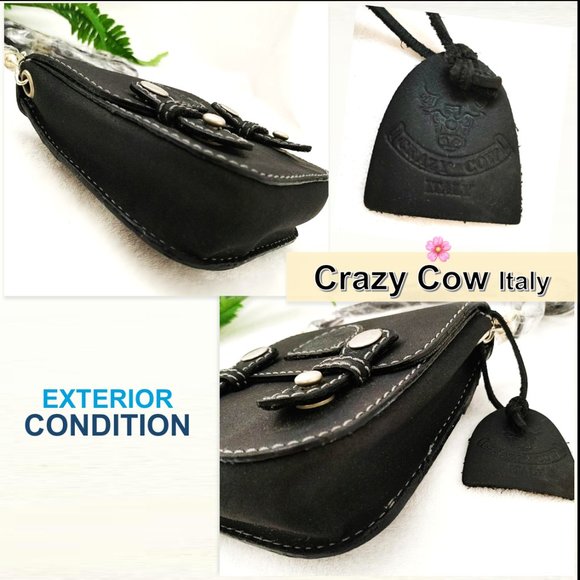 CRAZY COW Italy Unisex Black Genuine Leather Matte Crossbody Purse Belt Bag Flap - Picture 6 of 9